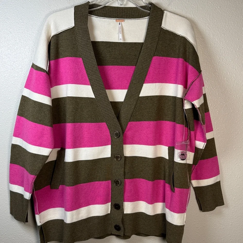 Free People League Of Her Own Cardigan XS‎ Pink Brown Stripe Preppy Slouchy NWOT